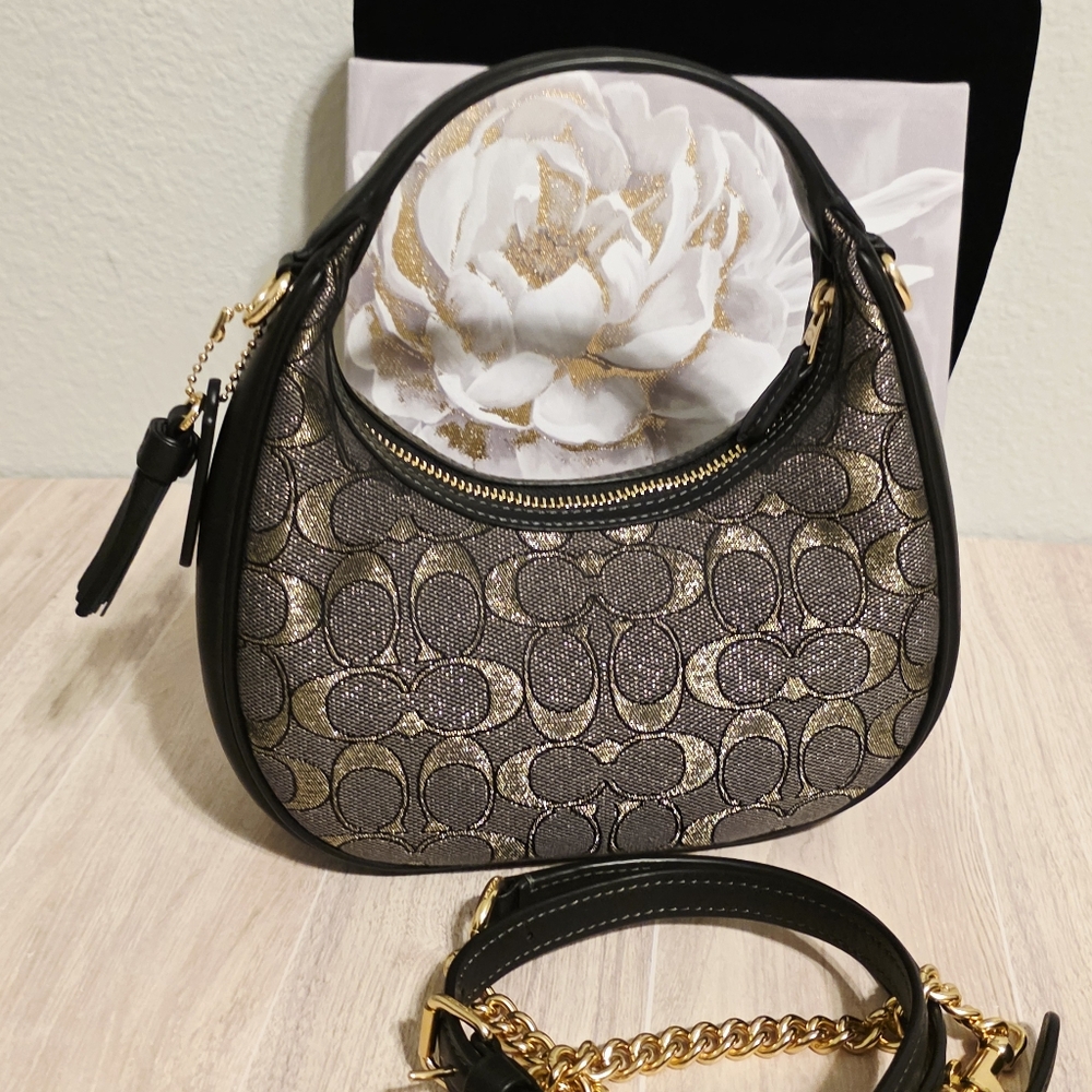 Coach Carmen Mini Crossbody Bag Sig Purse Jacquard Leather CCF76 Metallic Gold